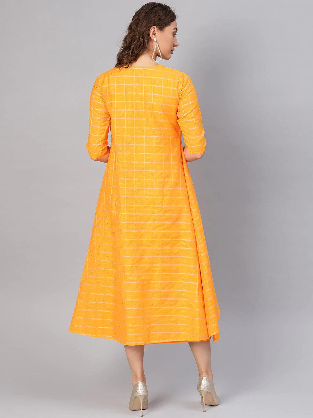 Yellow Self Design Chanderi Dress With Jacket