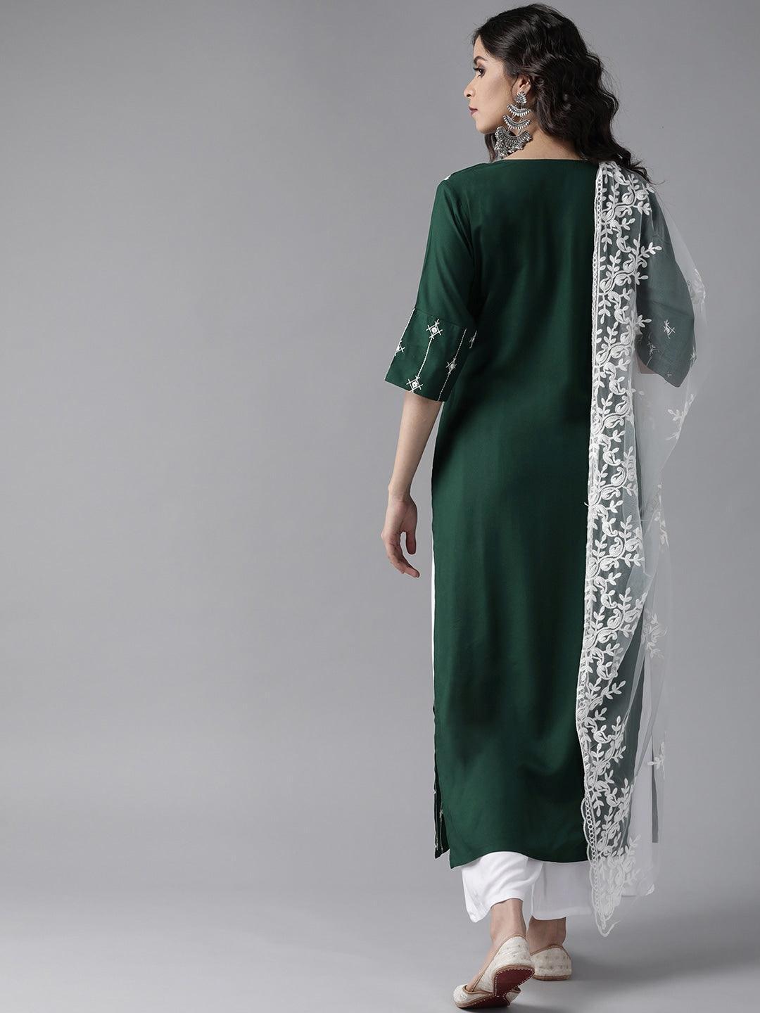 Green Embroidered Rayon Suit Set