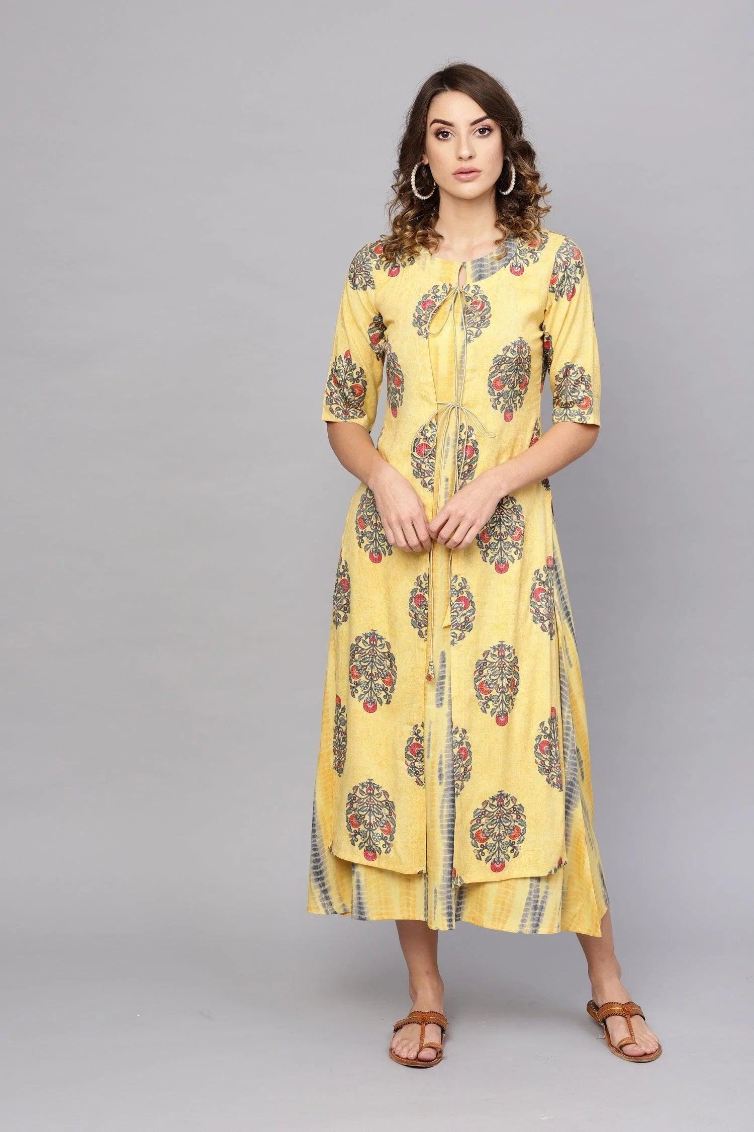 Yellow Printed Rayon Dress With Jacket