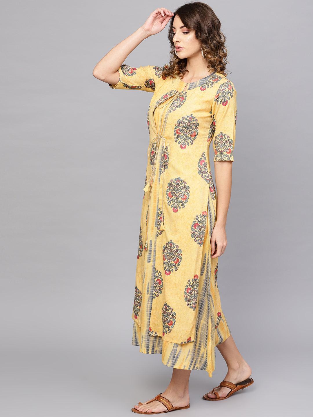 Yellow Printed Rayon Dress With Jacket