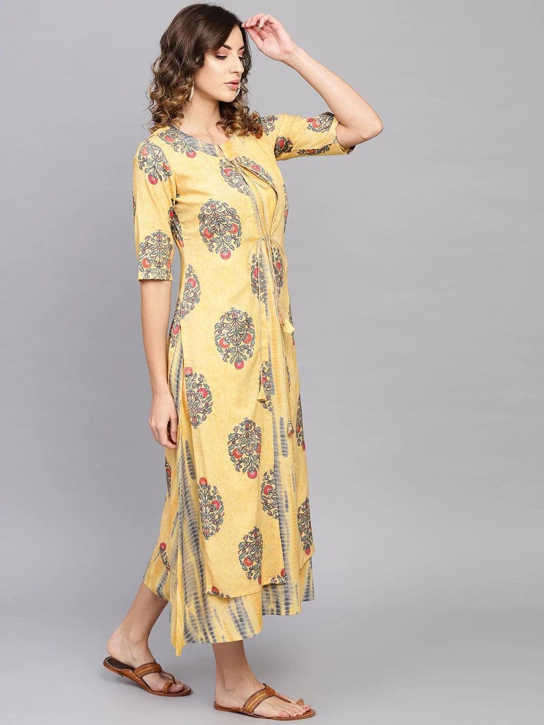 Yellow Printed Rayon Dress With Jacket