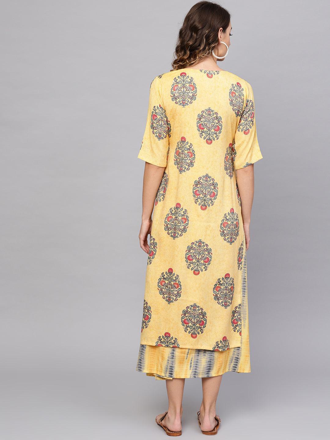 Yellow Printed Rayon Dress With Jacket