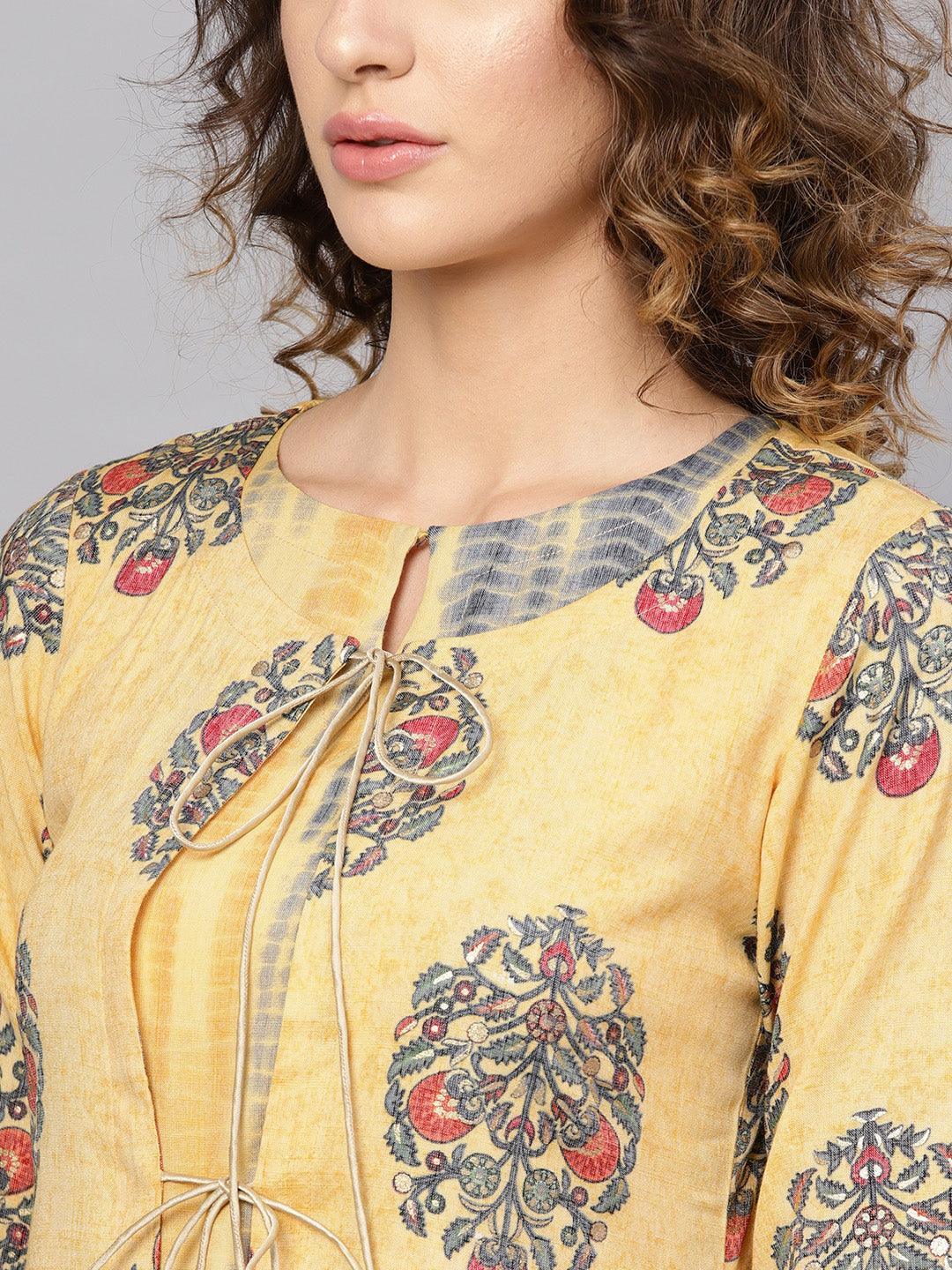 Yellow Printed Rayon Dress With Jacket