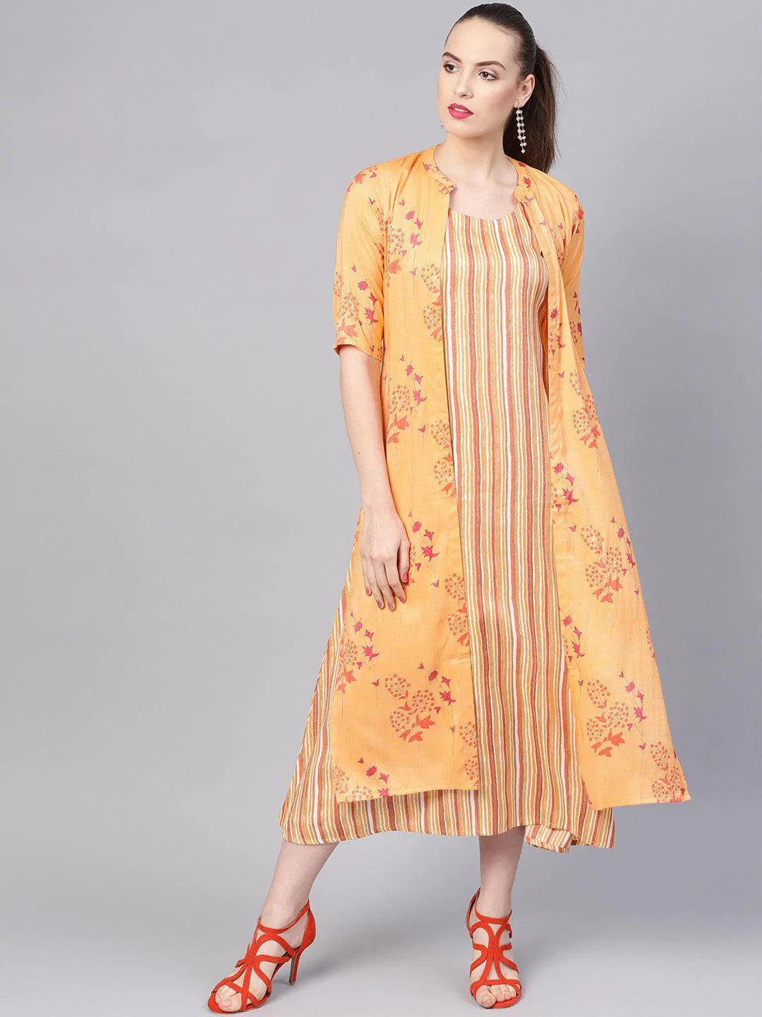 Yellow Printed Rayon Dress With Jacket