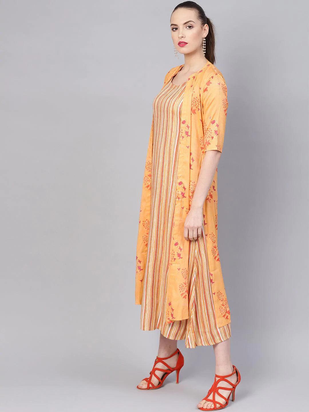 Yellow Printed Rayon Dress With Jacket - ShopLibas