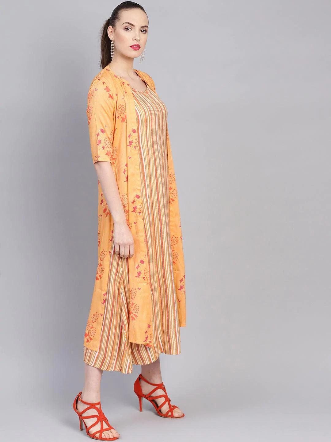 Yellow Printed Rayon Dress With Jacket