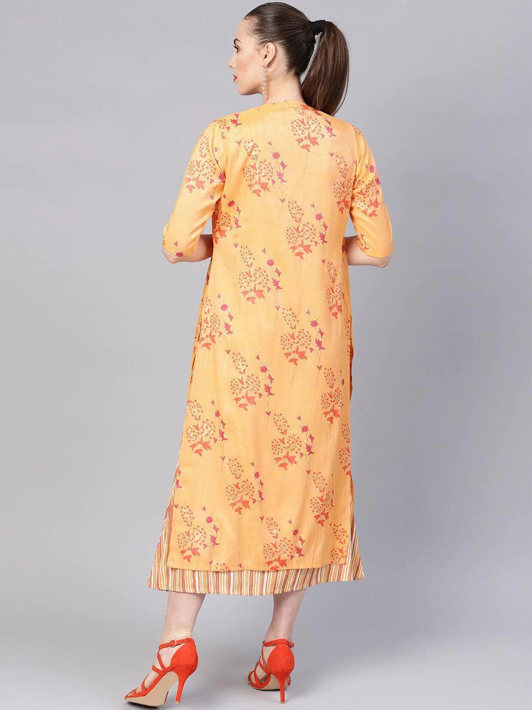 Yellow Printed Rayon Dress With Jacket