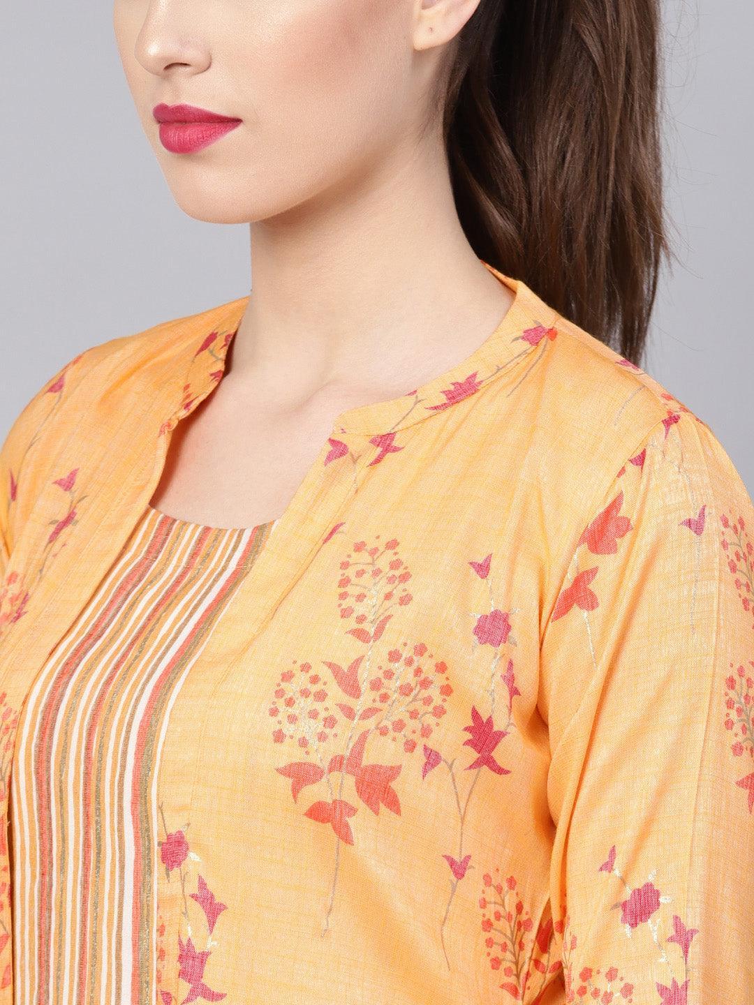 Yellow Printed Rayon Dress With Jacket