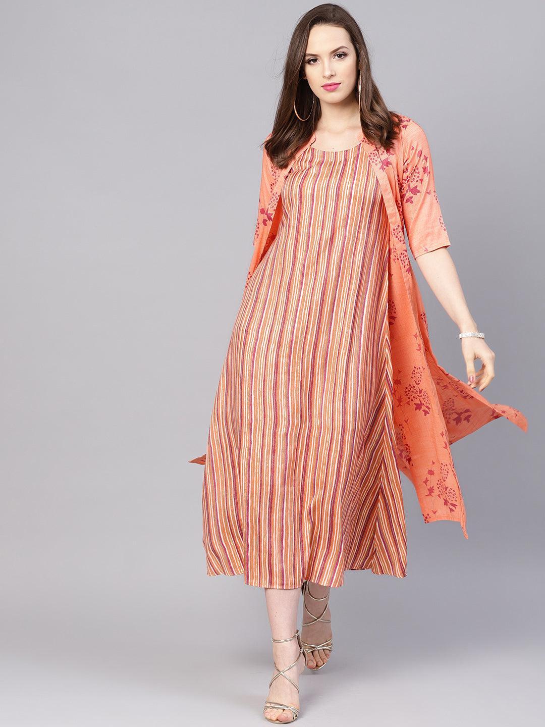 Peach Printed Rayon Dress With Jacket