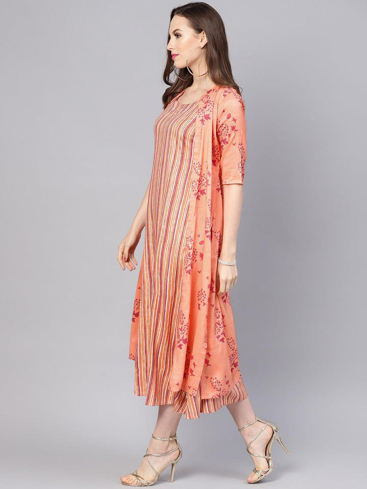 Peach Printed Rayon Dress With Jacket - ShopLibas