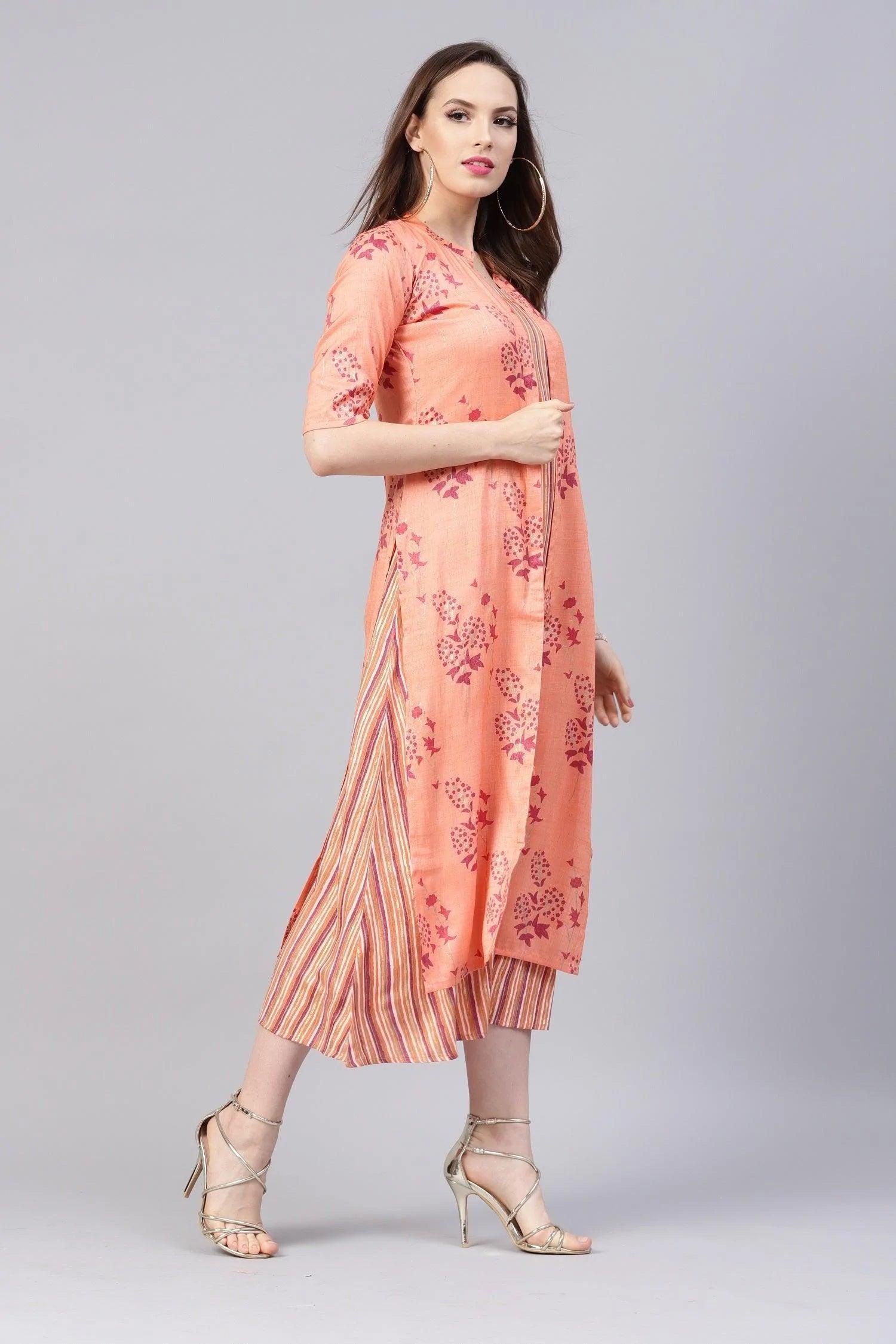 Peach Printed Rayon Dress With Jacket