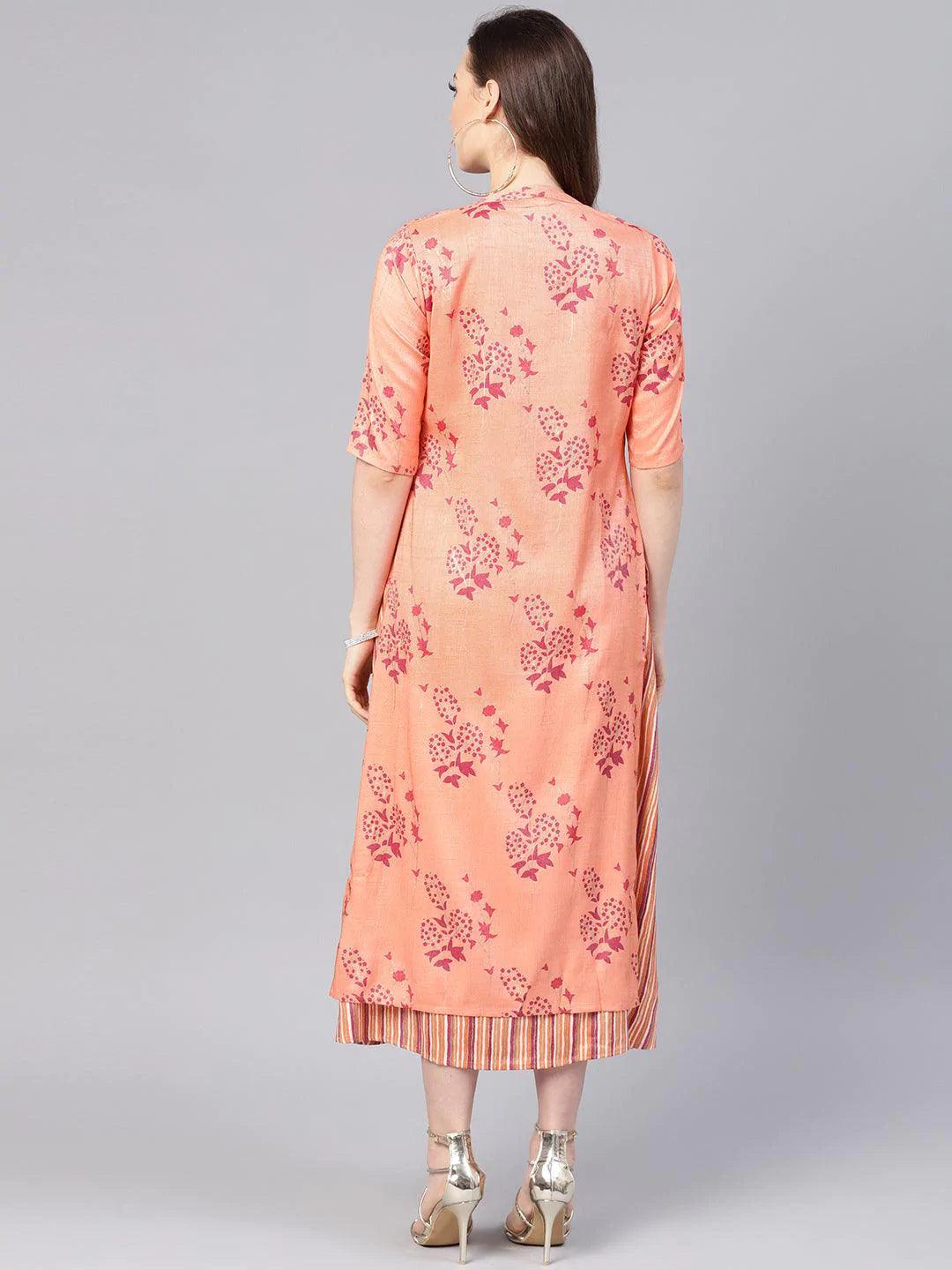 Peach Printed Rayon Dress With Jacket