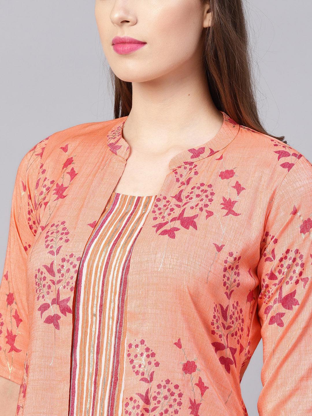 Peach Printed Rayon Dress With Jacket