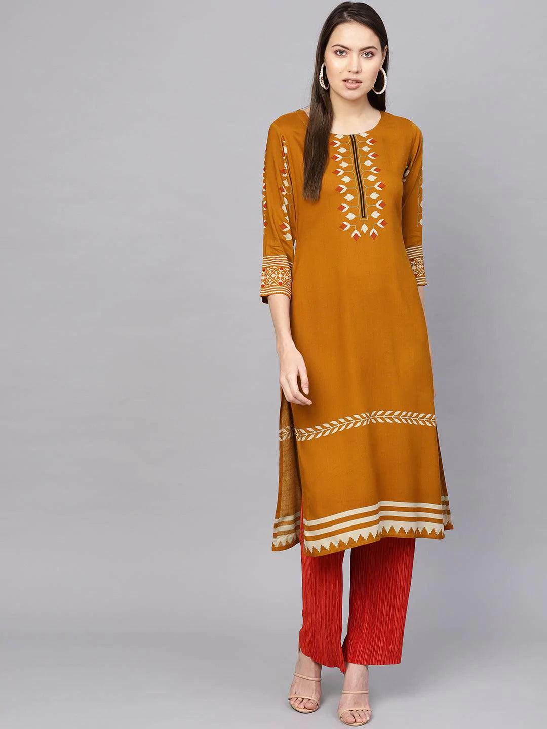 Yellow Printed Rayon Kurta - ShopLibas