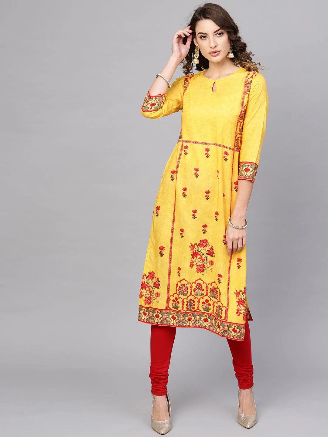 Yellow Printed Rayon Kurta - ShopLibas