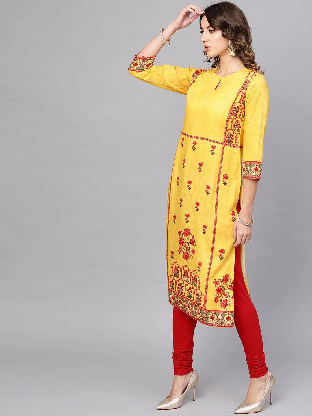 Yellow Printed Rayon Kurta - ShopLibas