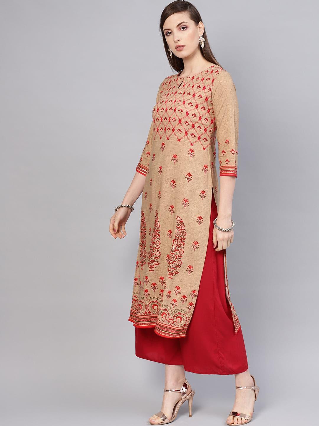 Beige Printed Rayon Kurta - ShopLibas