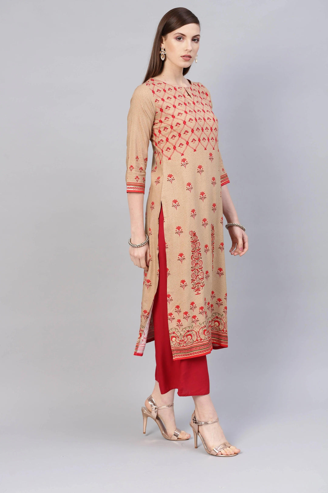 Beige Printed Rayon Kurta - ShopLibas