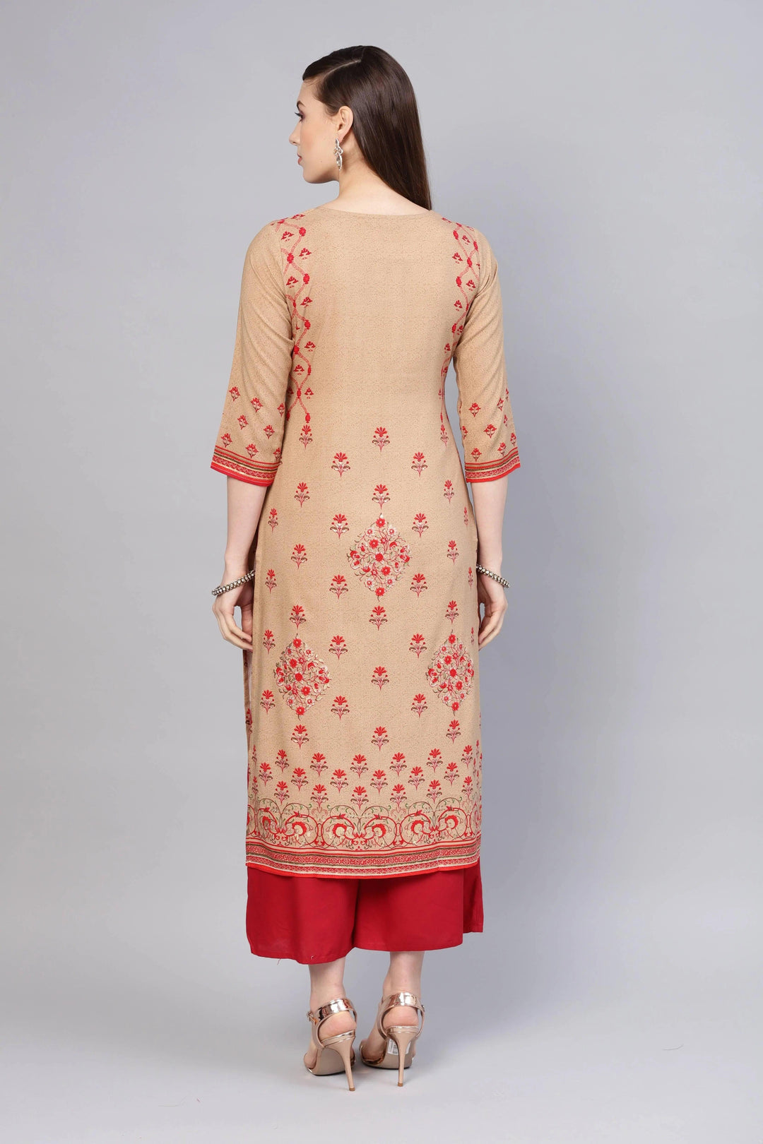 Beige Printed Rayon Kurta - ShopLibas