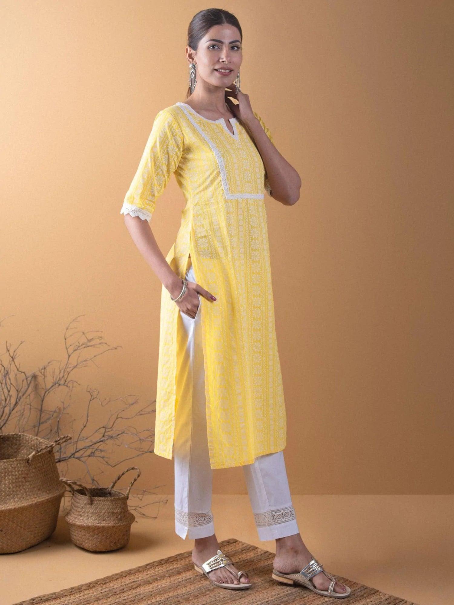 Yellow Printed Cotton Kurta