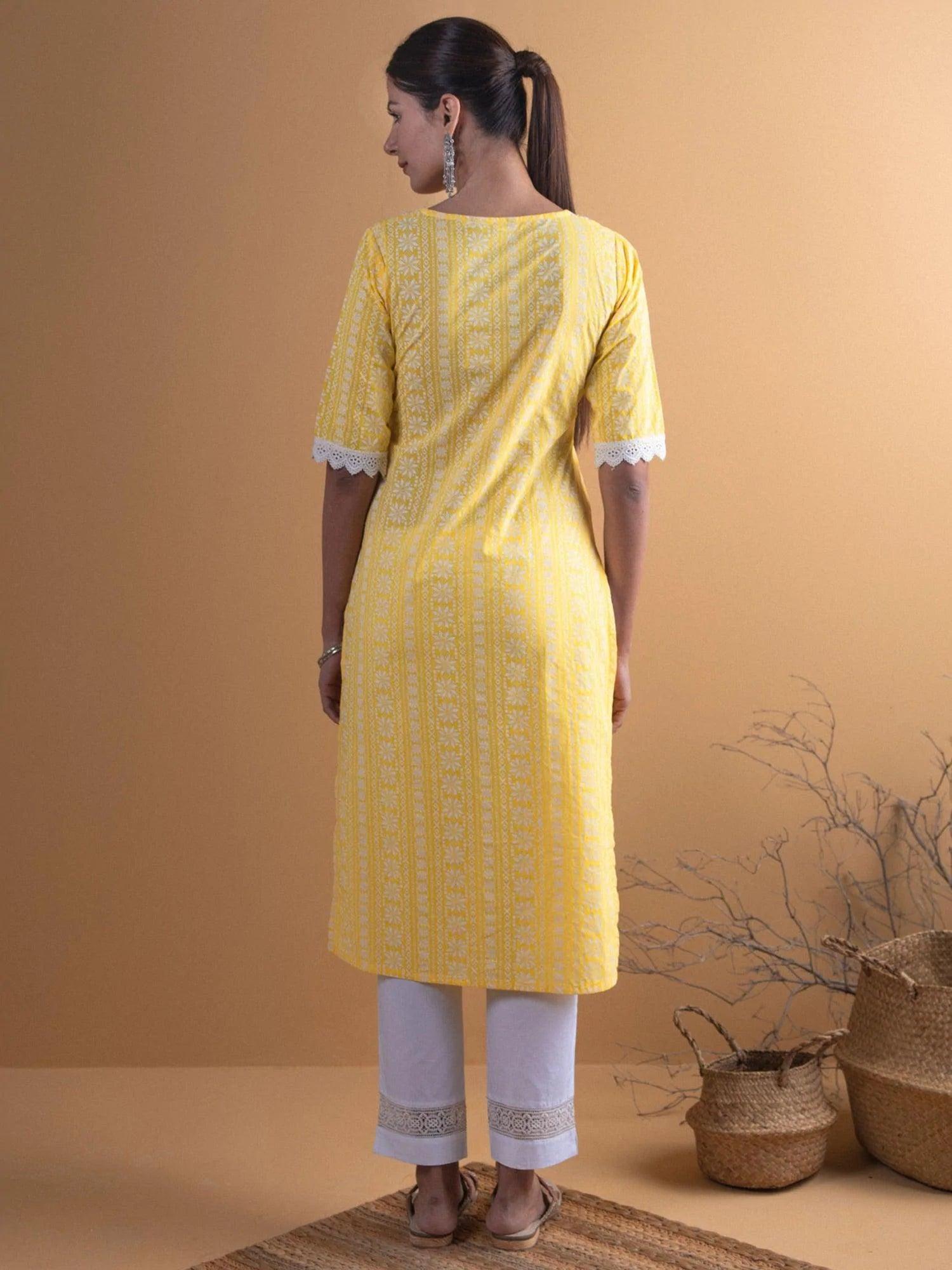 Yellow Printed Cotton Kurta