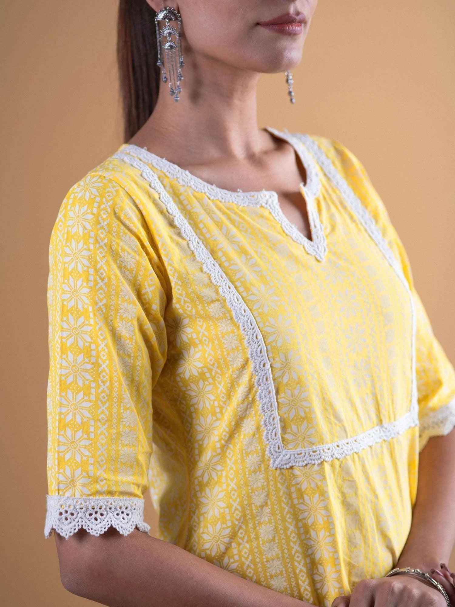 Yellow Printed Cotton Kurta