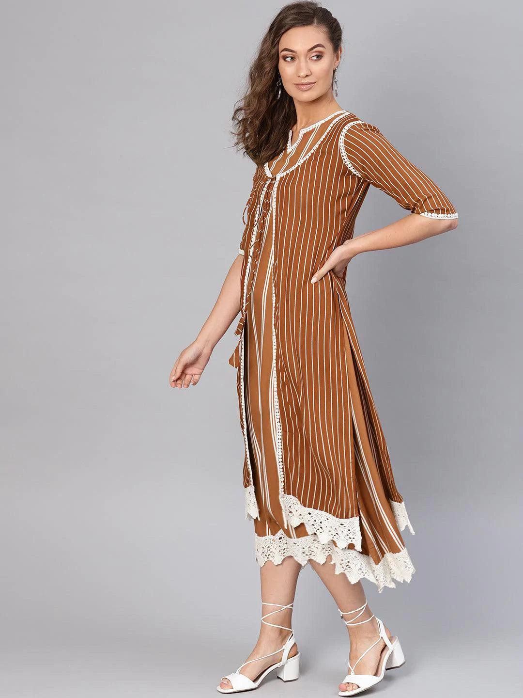 Brown Striped Rayon Dress With Jacket