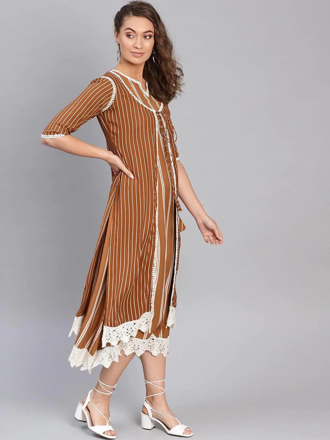 Brown Striped Rayon Dress With Jacket - ShopLibas