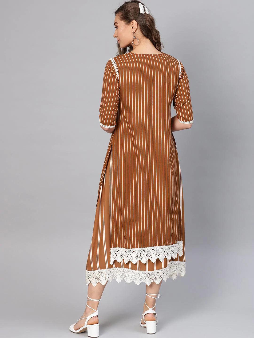 Brown Striped Rayon Dress With Jacket