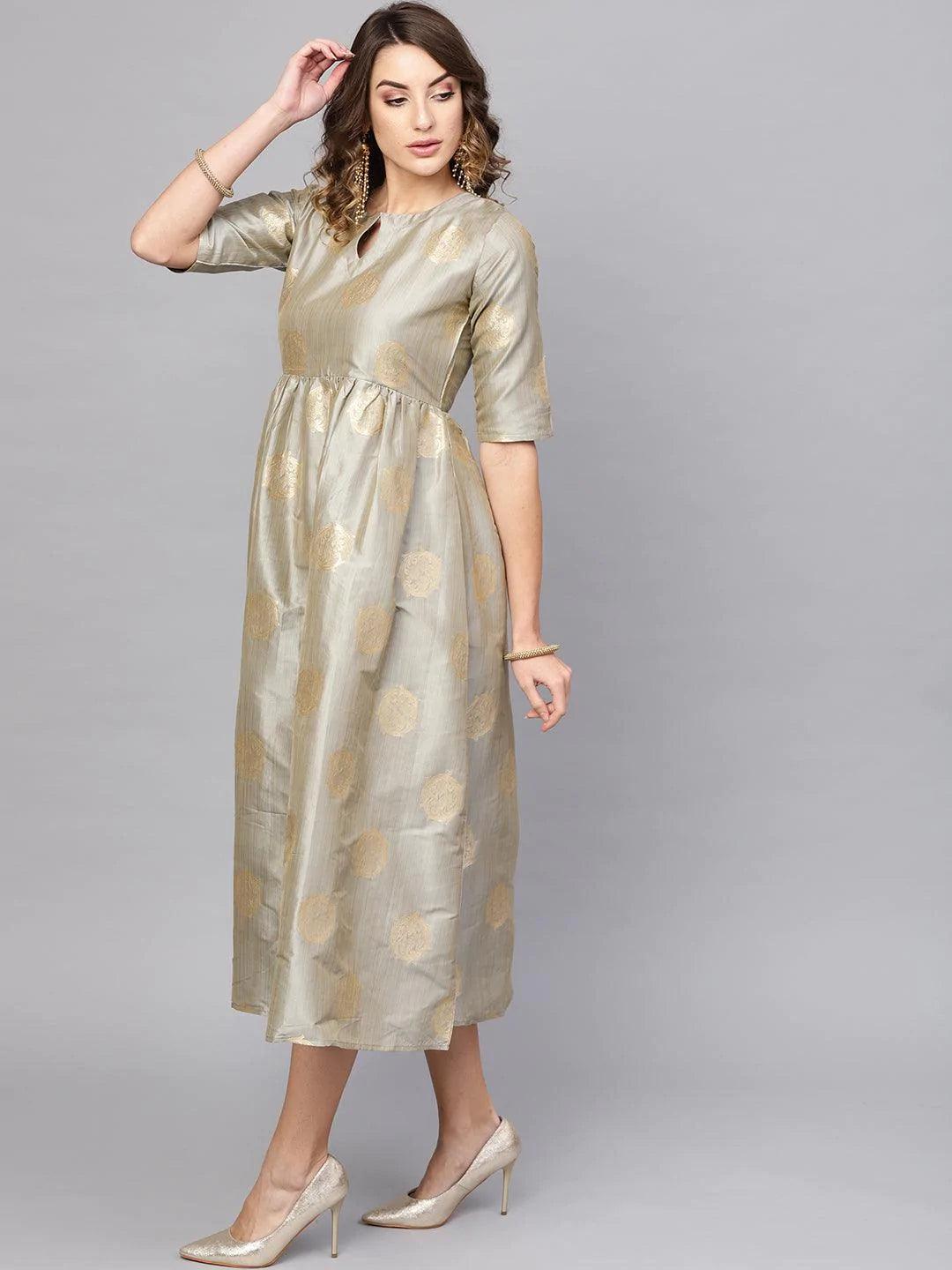 Grey Self Design Chanderi Dress