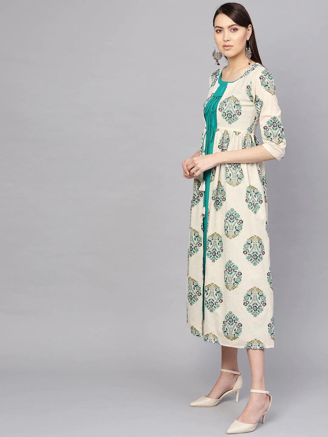 Green Printed Rayon Dress With Jacket - ShopLibas