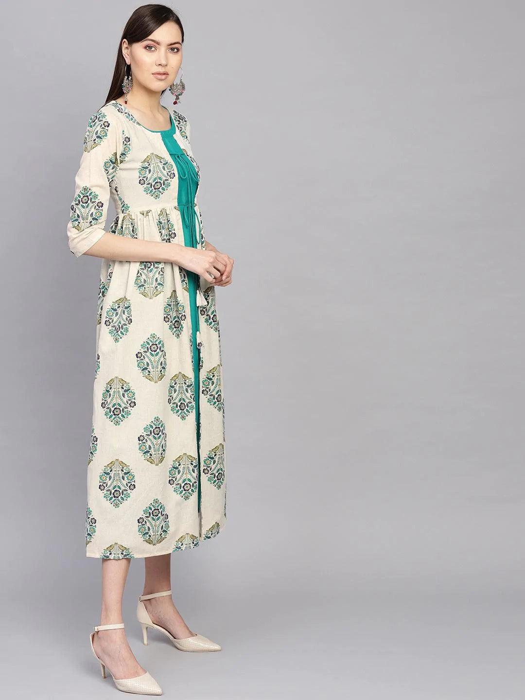 Green Printed Rayon Dress With Jacket - ShopLibas