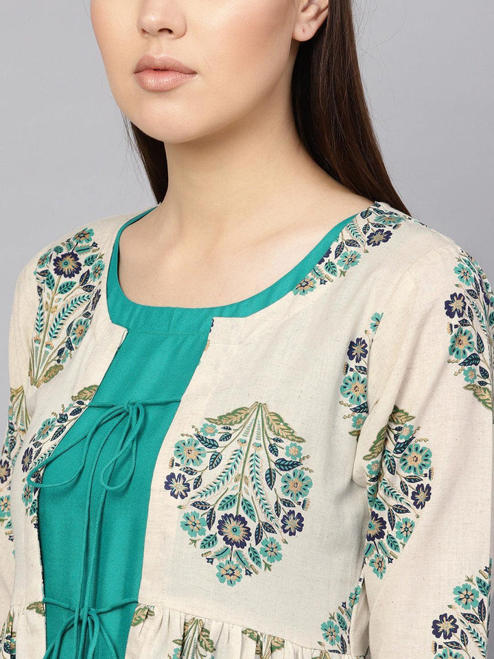 Green Printed Rayon Dress With Jacket - ShopLibas