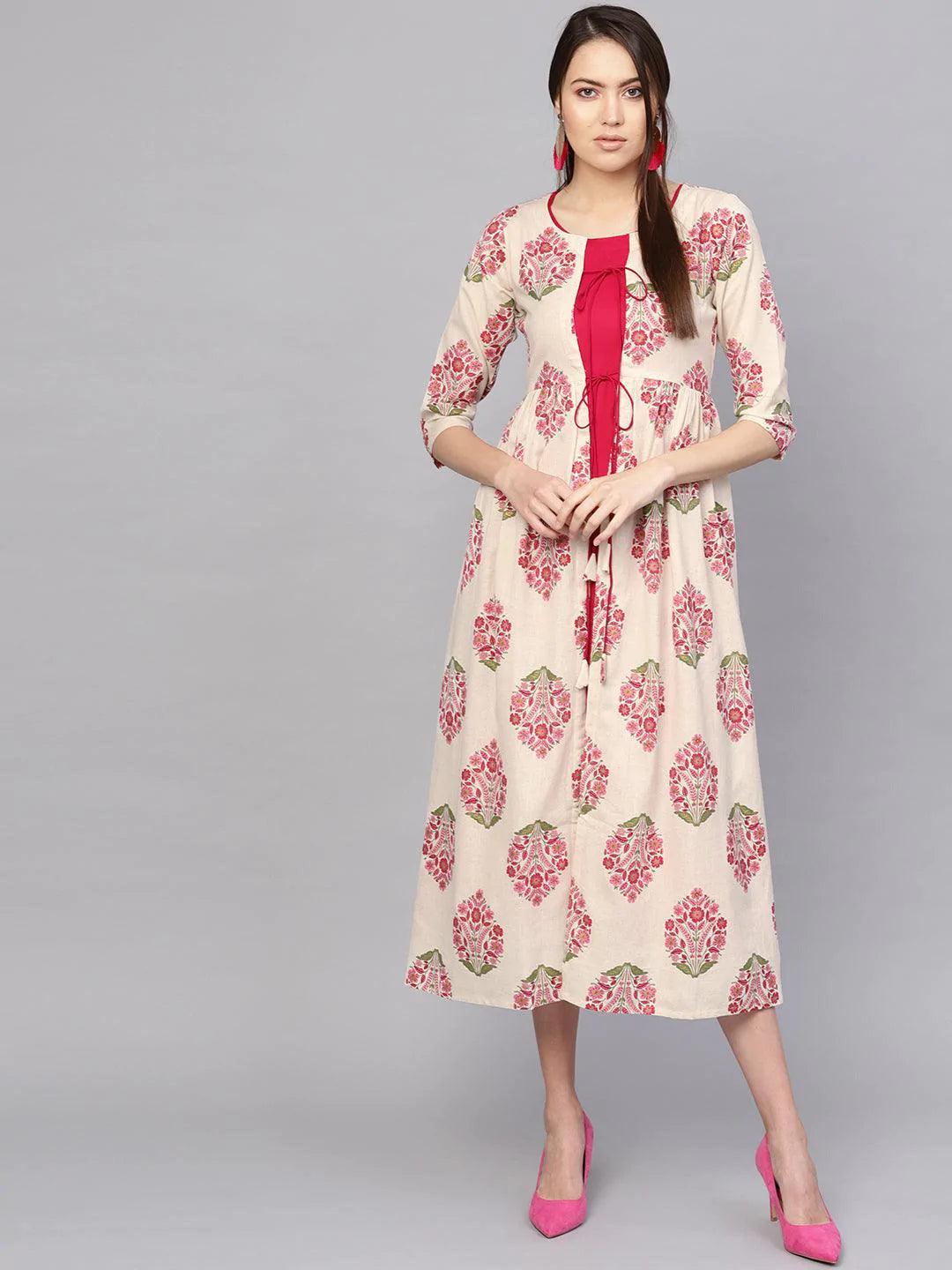 Pink Printed Rayon Dress With Jacket