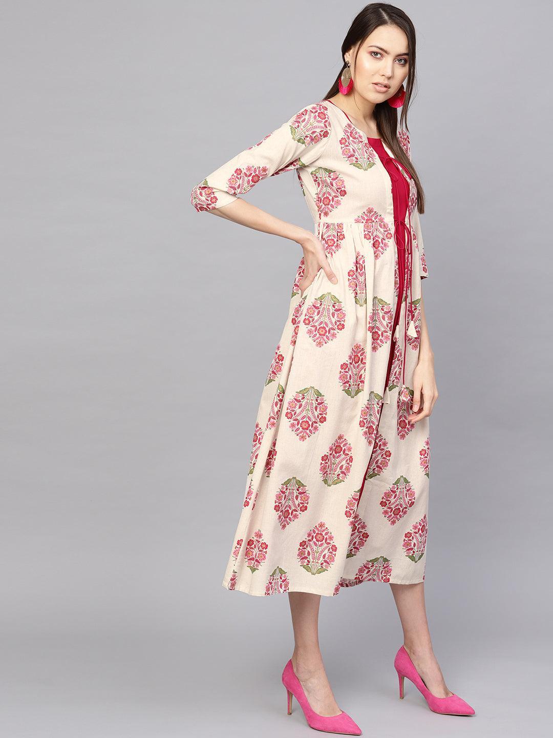 Pink Printed Rayon Dress With Jacket