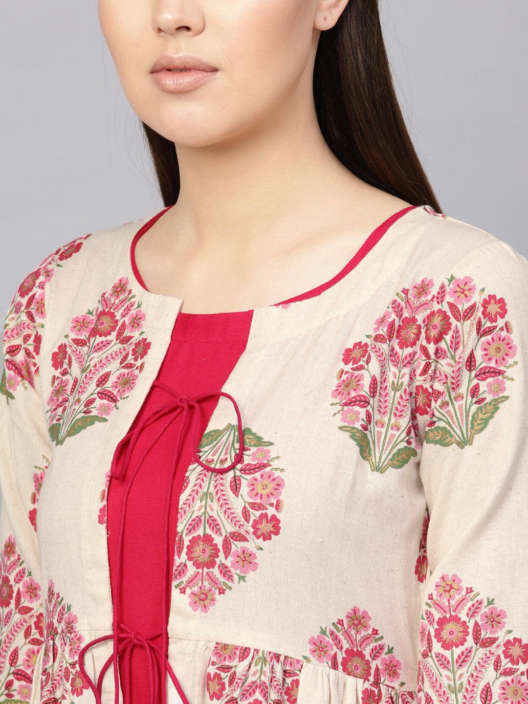 Pink Printed Rayon Dress With Jacket