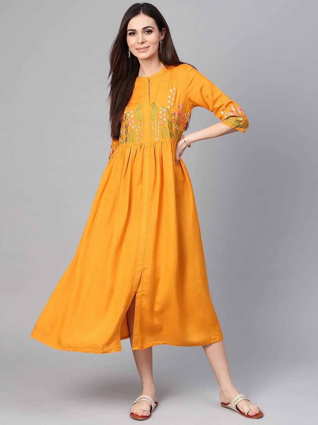 Mustard Embroidered Rayon Dress