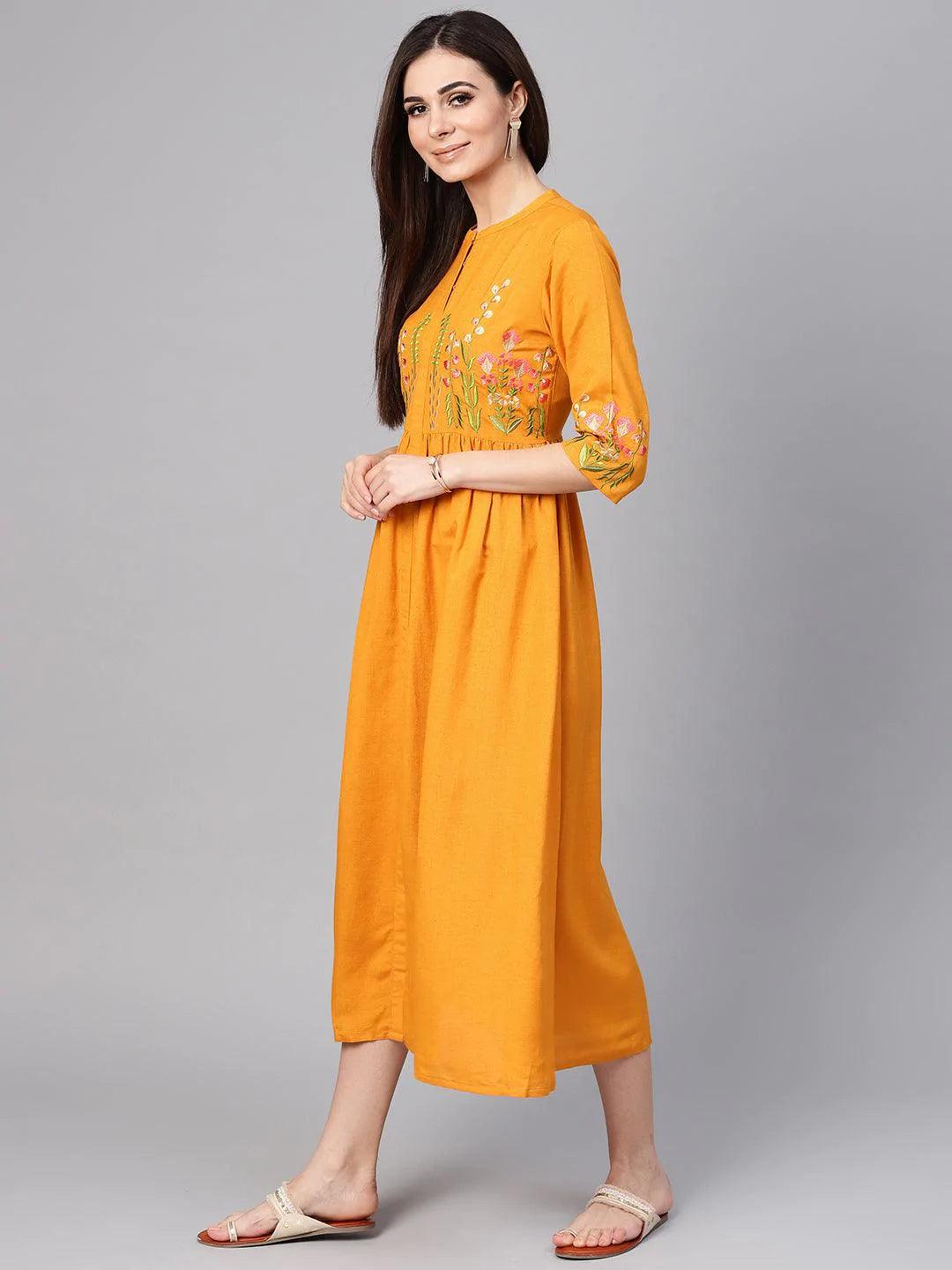 Mustard Embroidered Rayon Dress