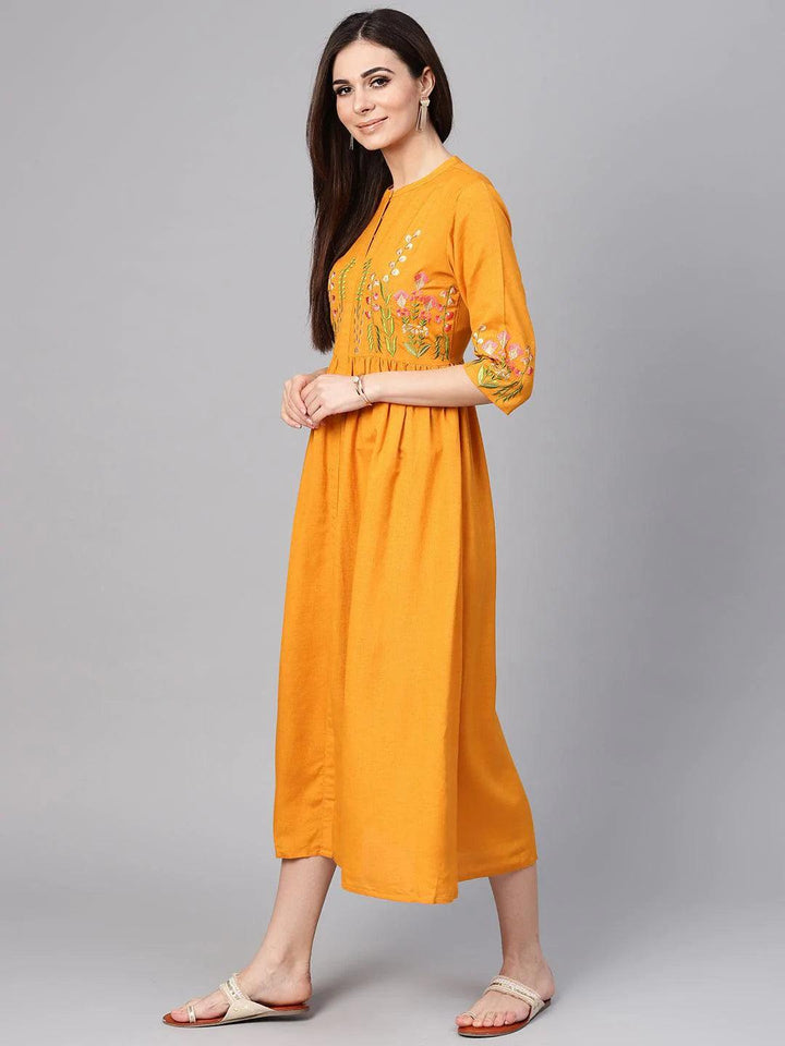 Mustard Embroidered Rayon Dress - ShopLibas