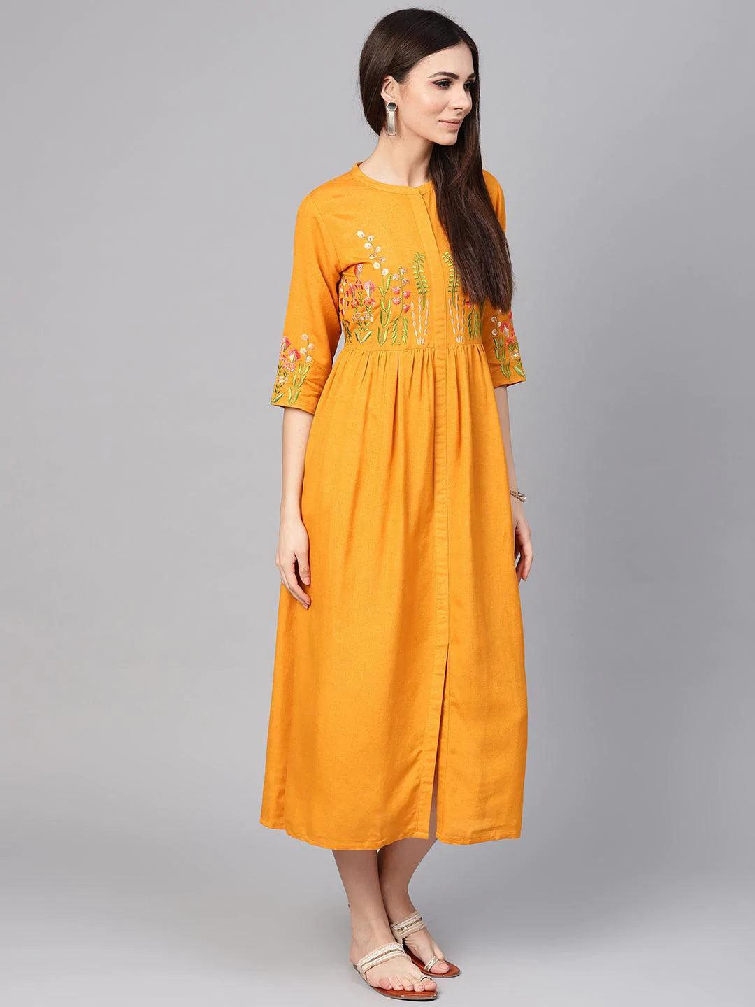 Mustard Embroidered Rayon Dress