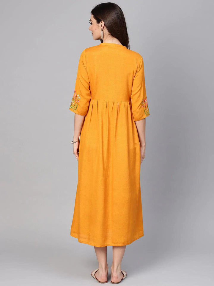 Mustard Embroidered Rayon Dress - ShopLibas