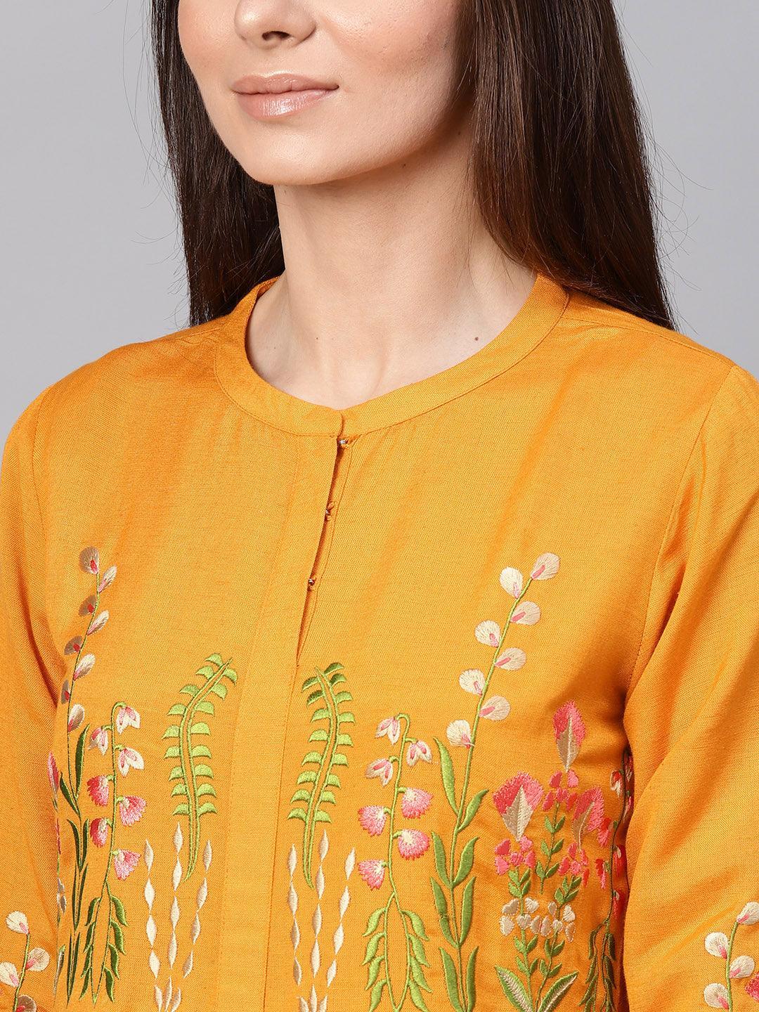 Mustard Embroidered Rayon Dress