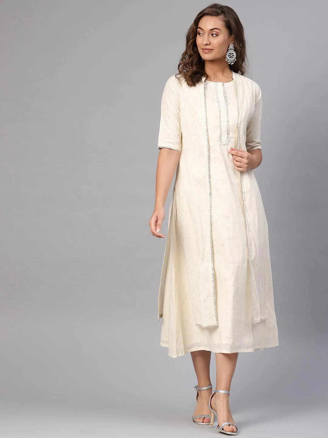 White Embroidered Cotton Dress With Shrug