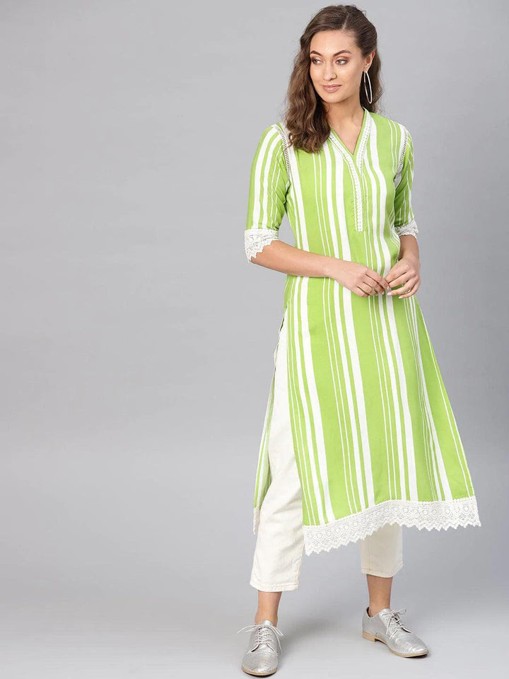 Green Striped Rayon Kurta - ShopLibas