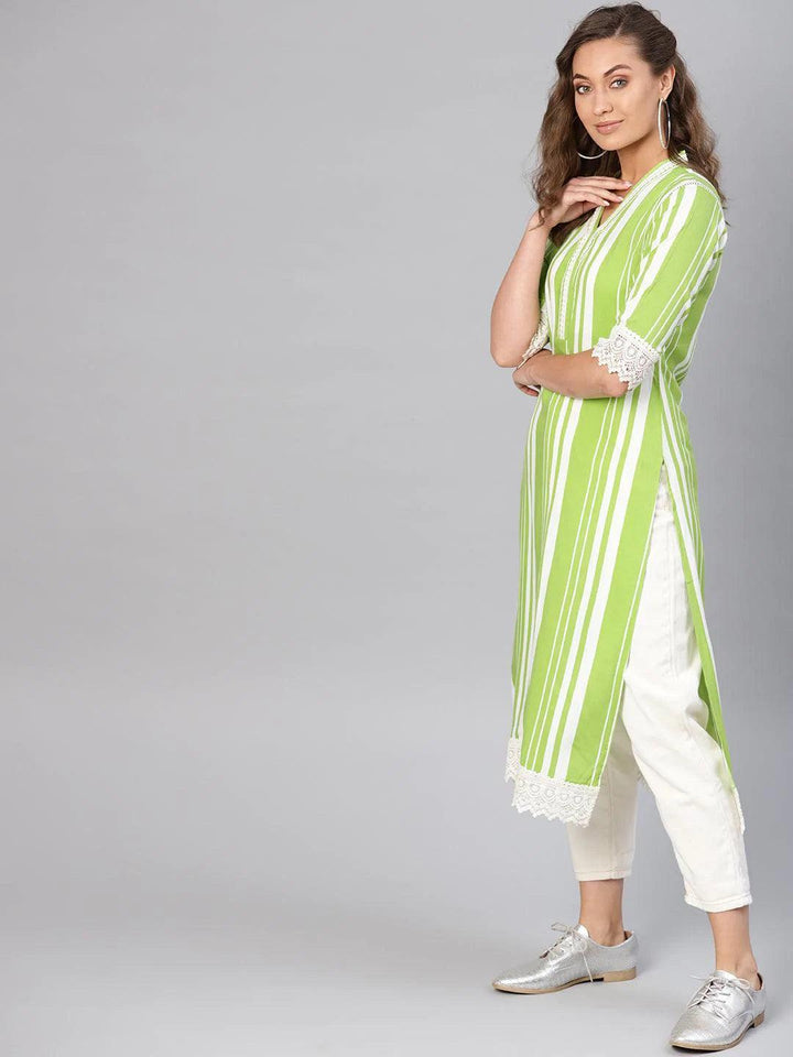 Green Striped Rayon Kurta - ShopLibas