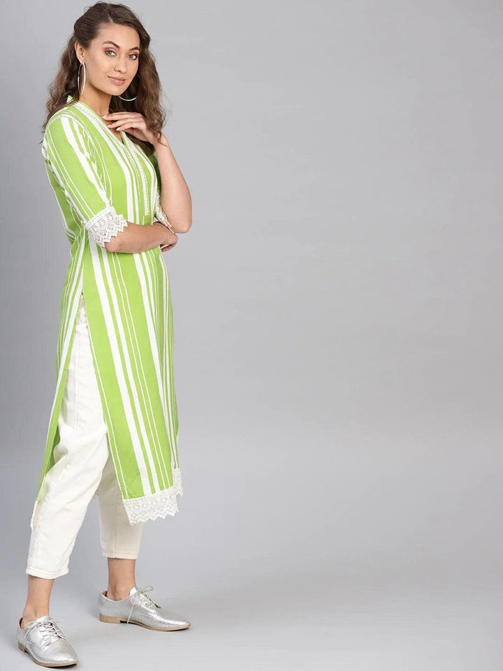 Green Striped Rayon Kurta - ShopLibas