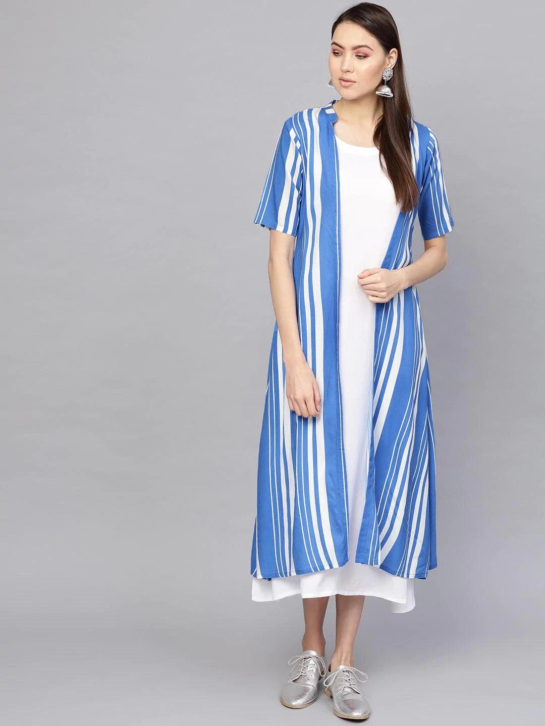 White Striped Cotton Dress With Jacket - ShopLibas