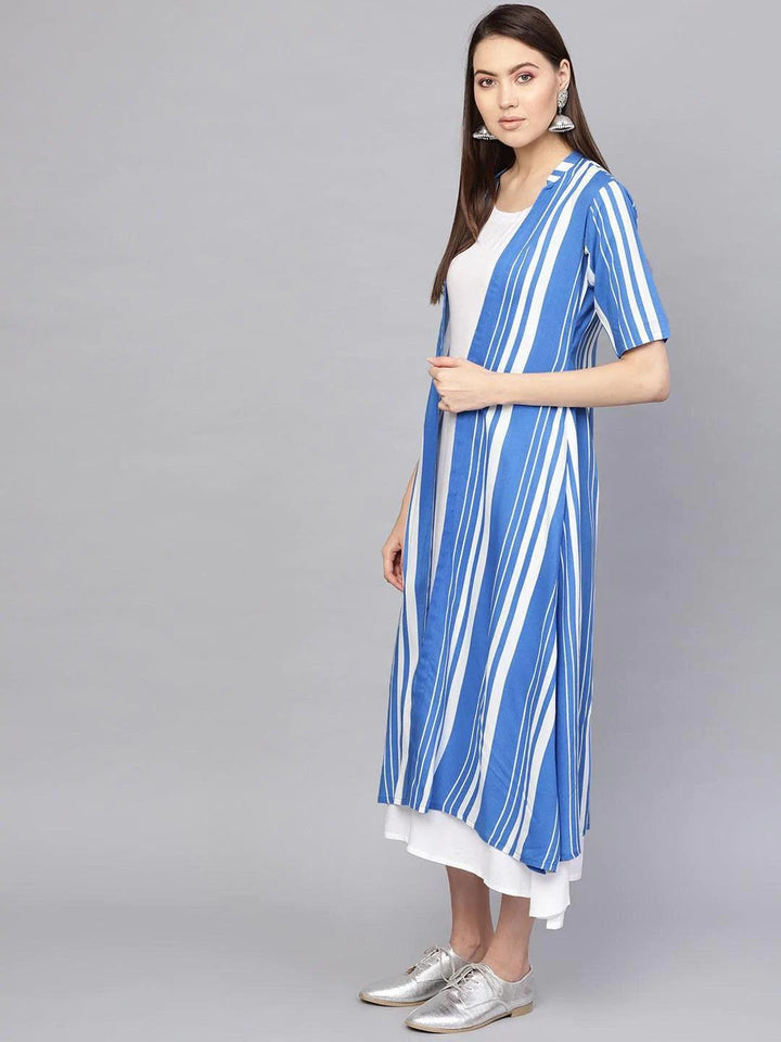 White Striped Cotton Dress With Jacket - ShopLibas