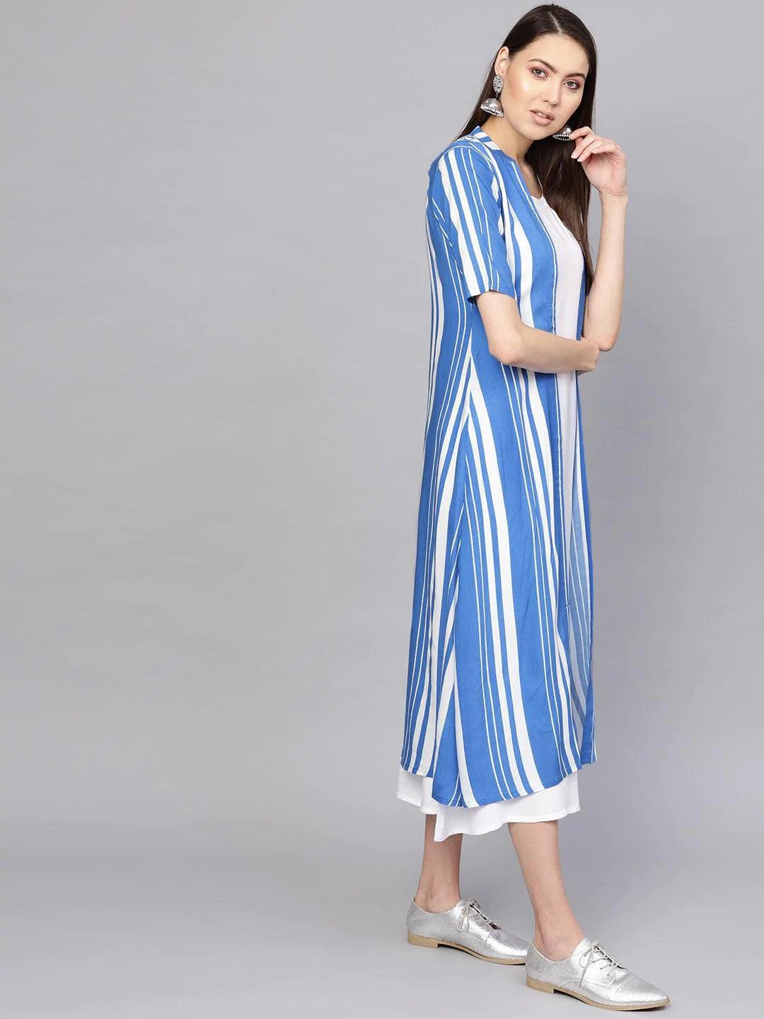 White Striped Cotton Dress With Jacket - ShopLibas