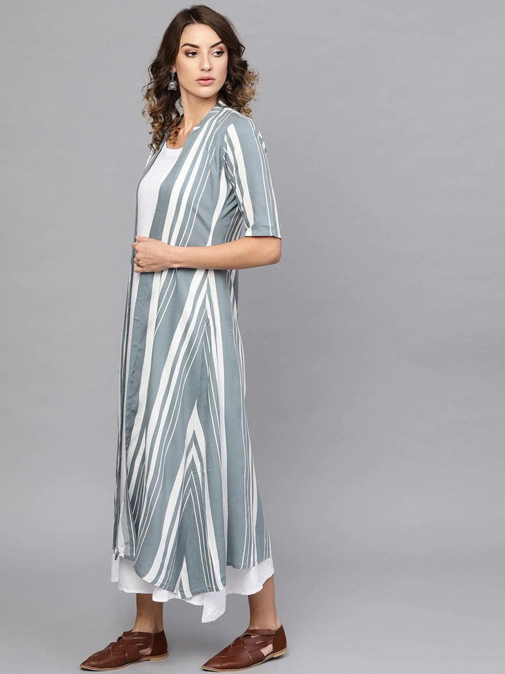 White Striped Rayon Dress With Jacket - ShopLibas